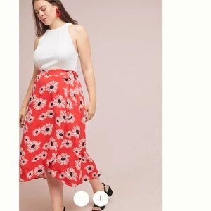 Anthro 52 Conversations Red & Black Floral Colloquial Faux-Wrap Skirt - Size L